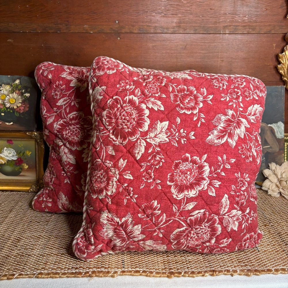 Two Tommy Hilfiger Hyannisport 18" Throw Pillows Red Floral Ticking Stripe